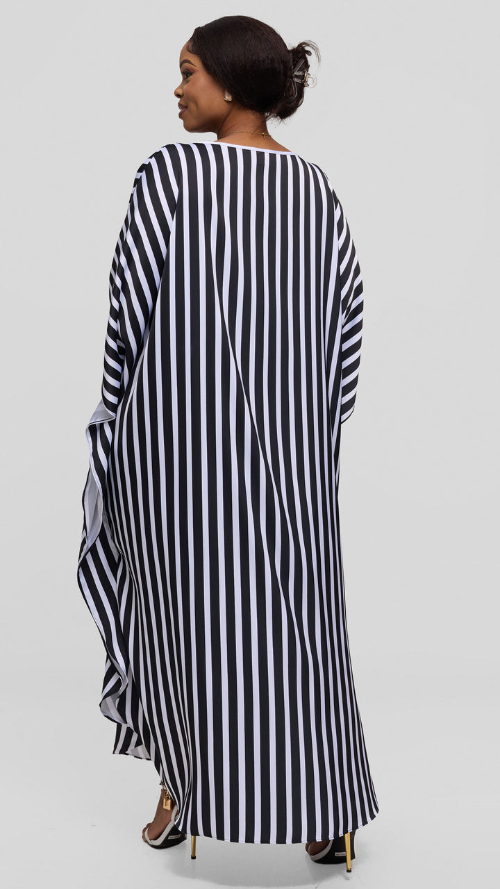 Vivo Amai Round Neck Maxi Kaftan in Satin - White / Black Stripes