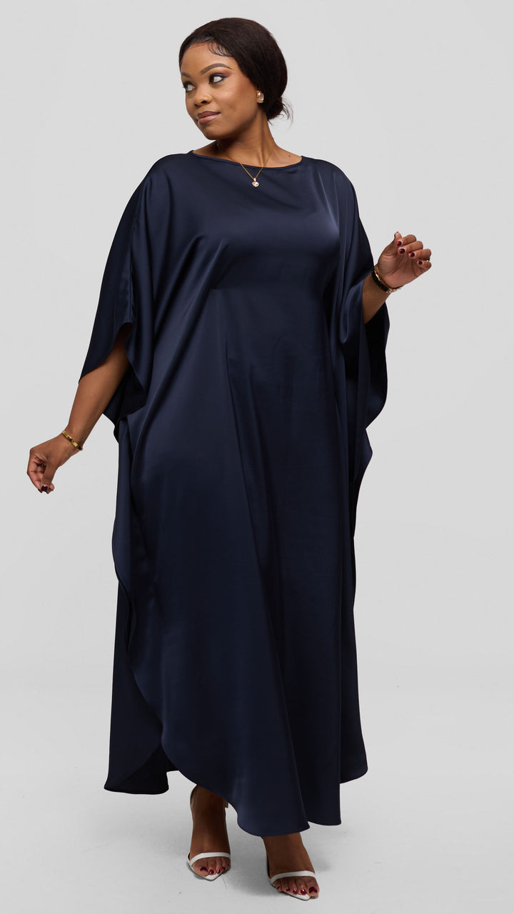 Vivo Amai Round Neck Maxi Kaftan in Satin - Dark Navy