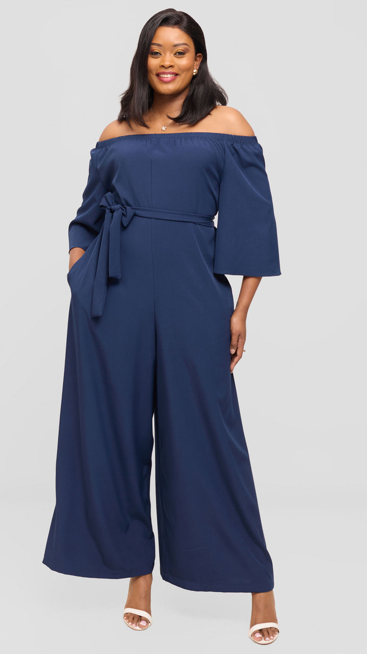 Vivo Off Shoulder Jumpsuit in Crepe - Navy