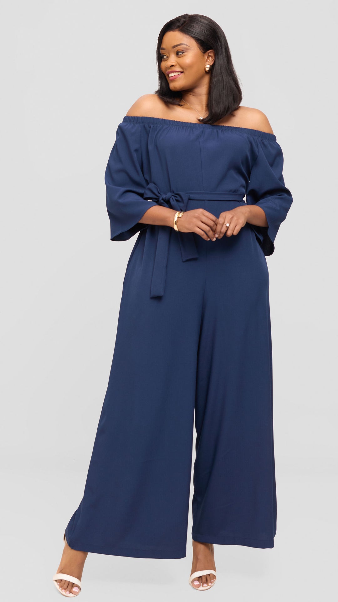 Vivo Off Shoulder Jumpsuit in Crepe - Navy