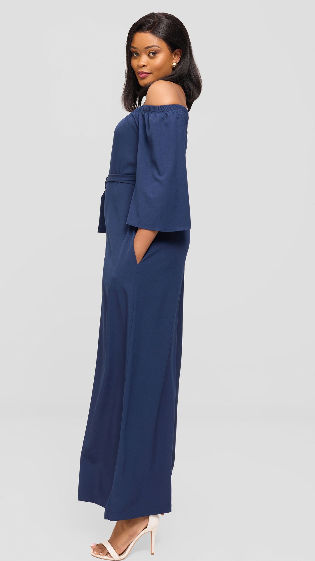Vivo Off Shoulder Jumpsuit in Crepe - Navy