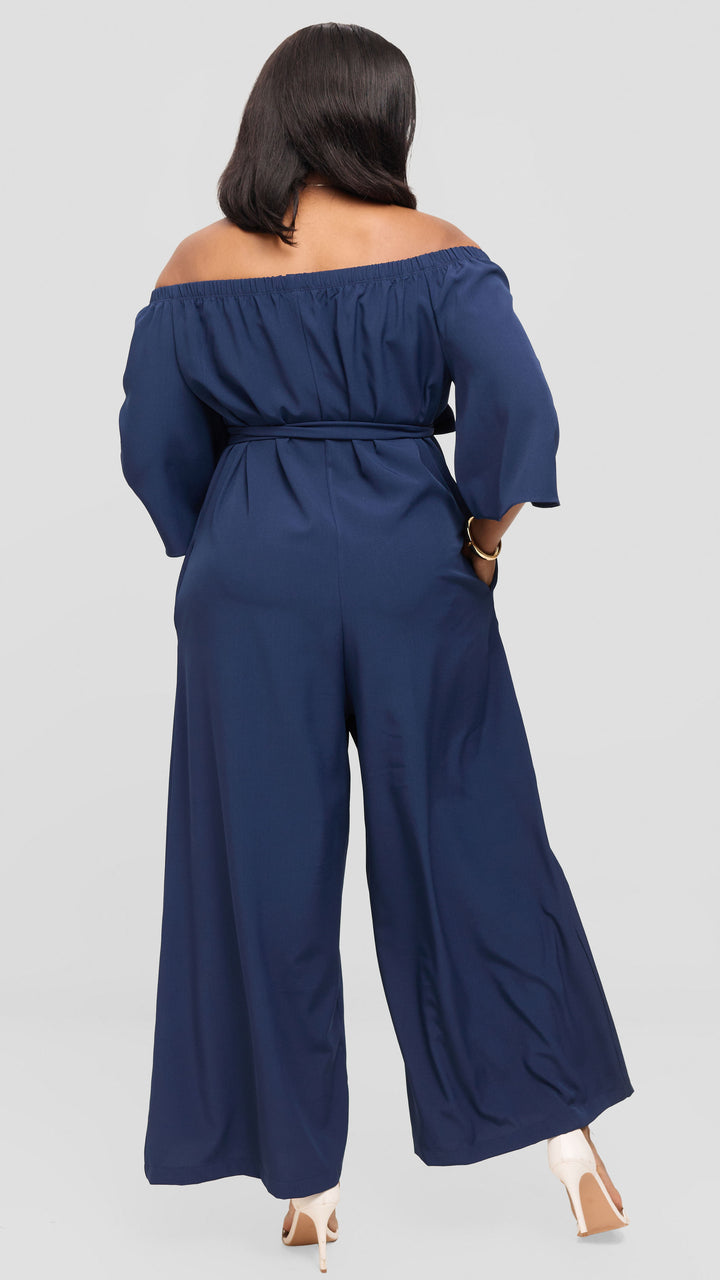 Vivo Off Shoulder Jumpsuit in Crepe - Navy