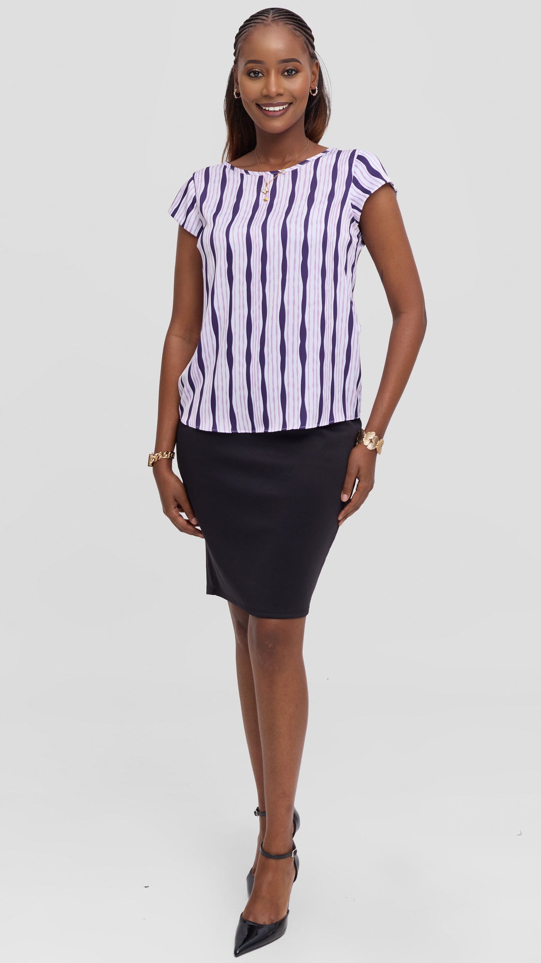 Vivo Basic Cap Sleeve Top in Satin - Cream / Lilac Huwa Print