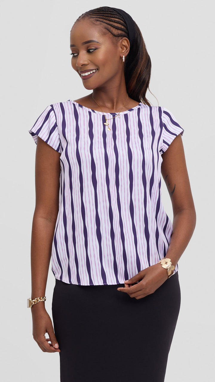 Vivo Basic Cap Sleeve Top in Satin - Cream / Lilac Huwa Print