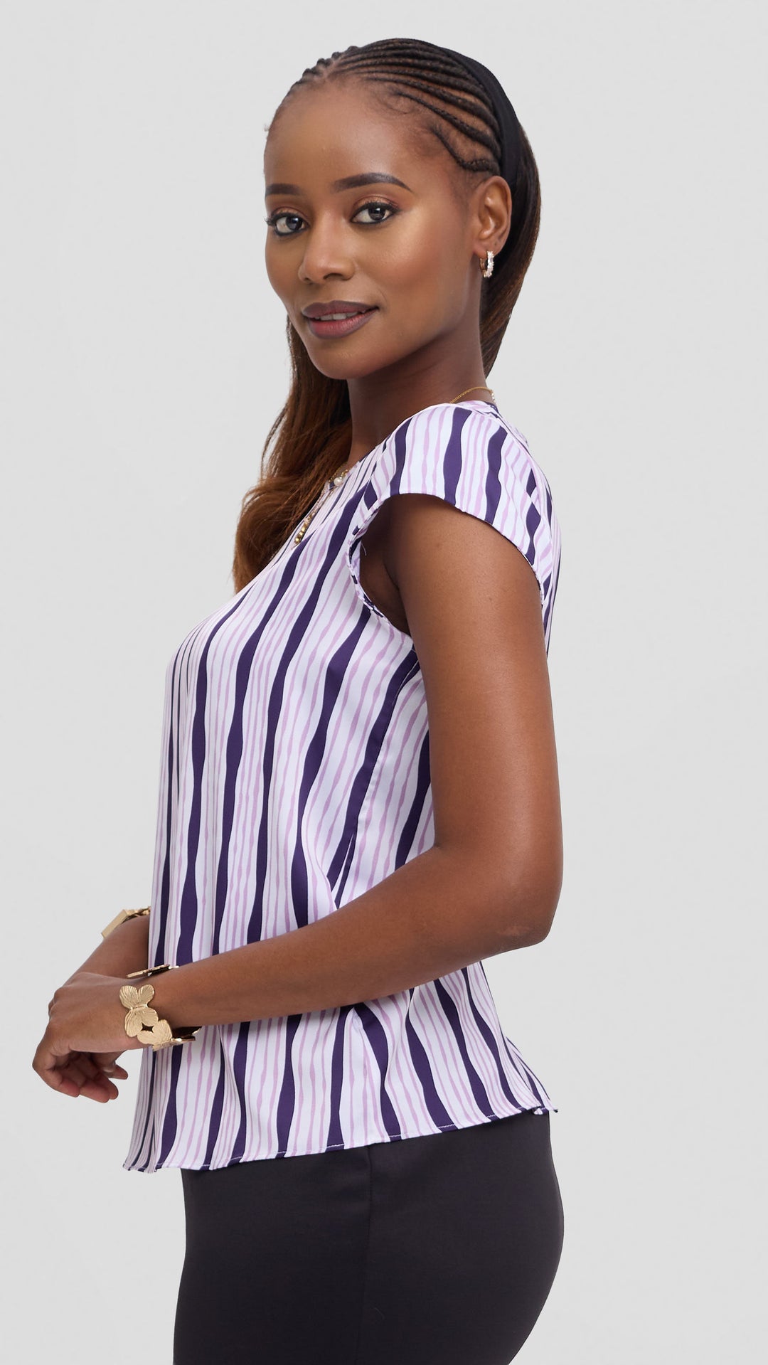 Vivo Basic Cap Sleeve Top in Satin - Cream / Lilac Huwa Print