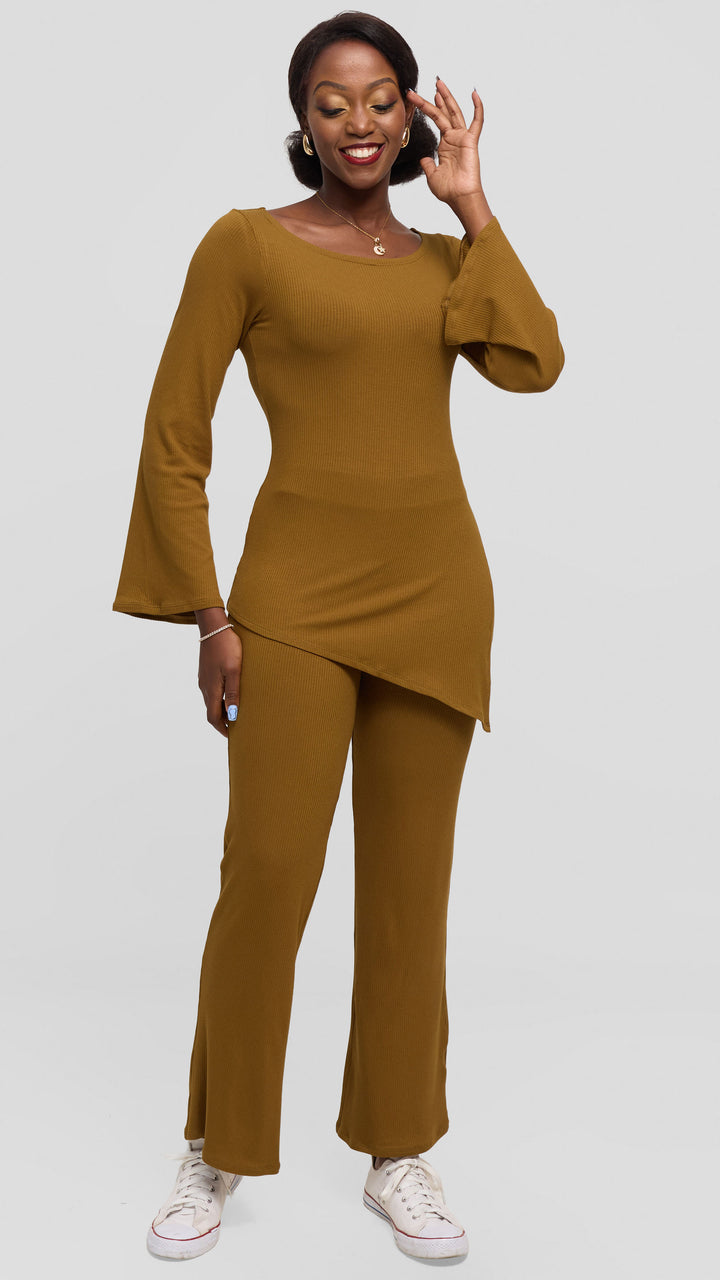 Vivo Studio Bell Sleeve Tunic Top in Rib - Olive Green
