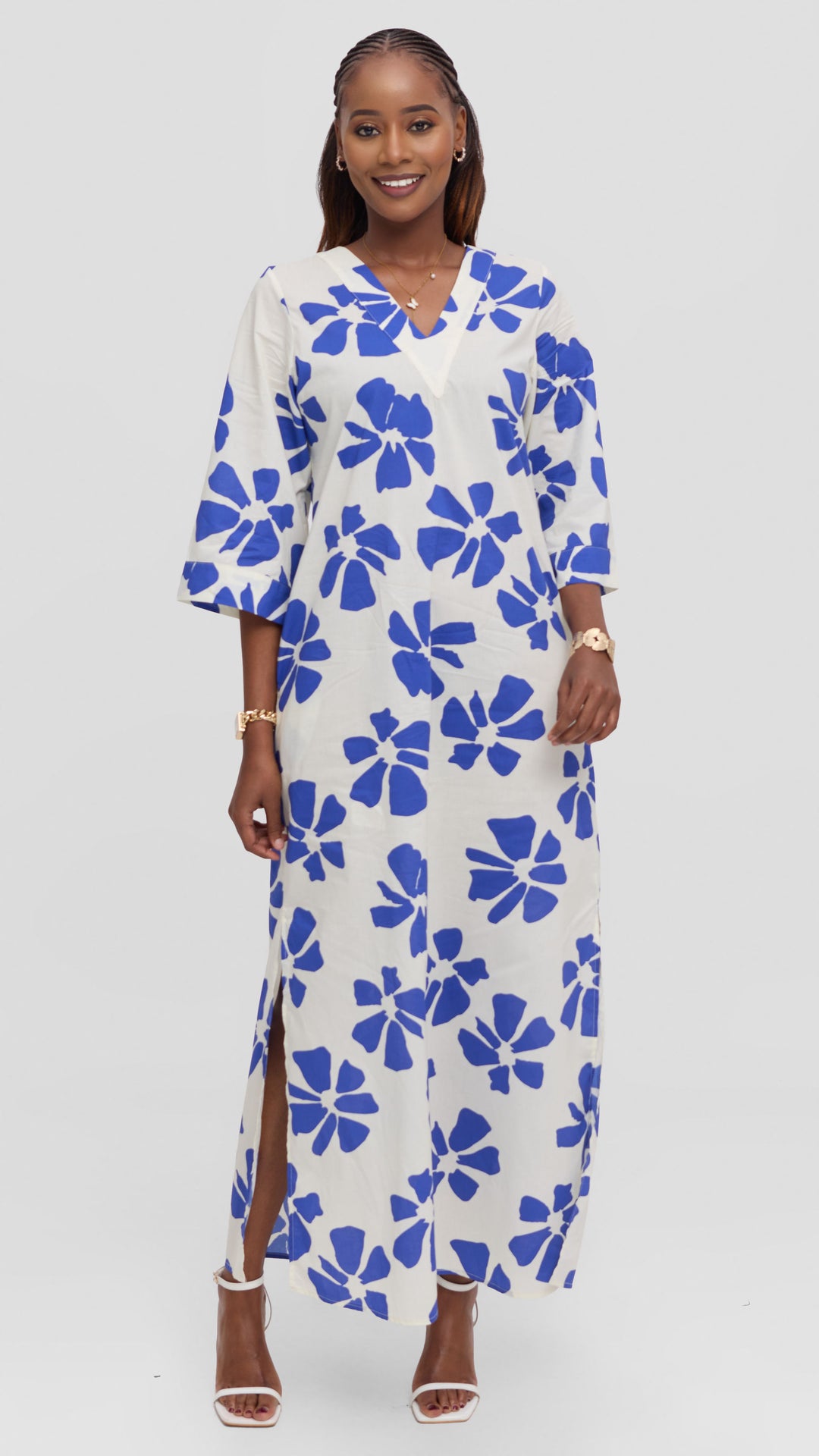 Vivo Lulu 3/4 Sleeve Cotton Maxi Kaftan in Cotton - Cream / Blue Print