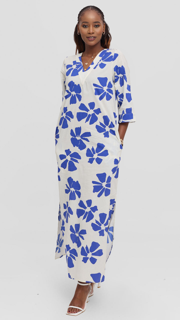 Vivo Lulu 3/4 Sleeve Cotton Maxi Kaftan in Cotton - Cream / Blue Print