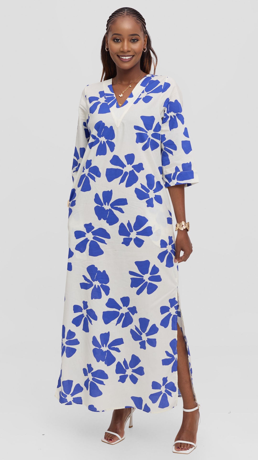 Vivo Lulu 3/4 Sleeve Cotton Maxi Kaftan in Cotton - Cream / Blue Print