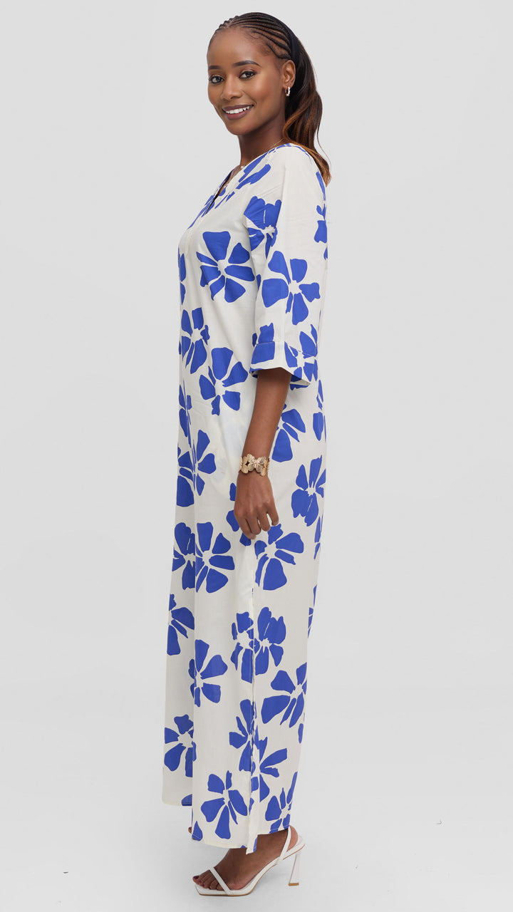 Vivo Lulu 3/4 Sleeve Cotton Maxi Kaftan in Cotton - Cream / Blue Print