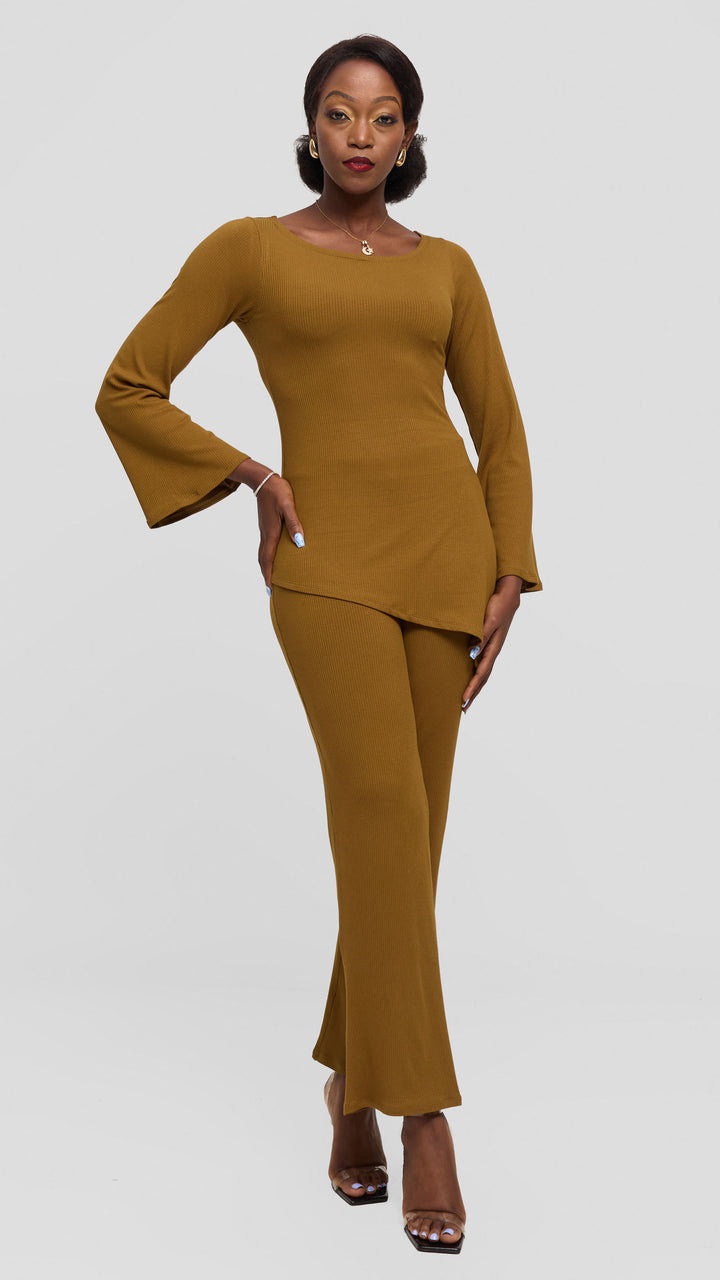Vivo Studio Bell Sleeve Tunic Top in Rib - Olive Green
