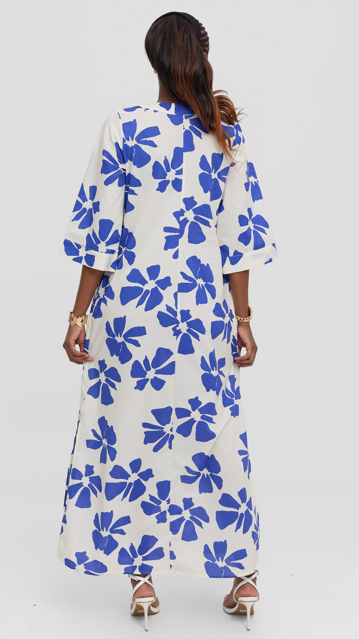Vivo Lulu 3/4 Sleeve Cotton Maxi Kaftan in Cotton - Cream / Blue Print