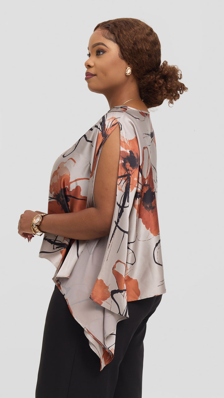 Vivo Wide Top in Satin - Light Grey / Rust Rozi Print