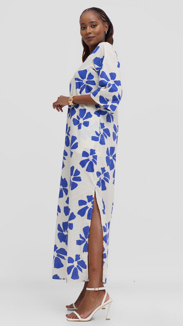 Vivo Lulu 3/4 Sleeve Cotton Maxi Kaftan in Cotton - Cream / Blue Print