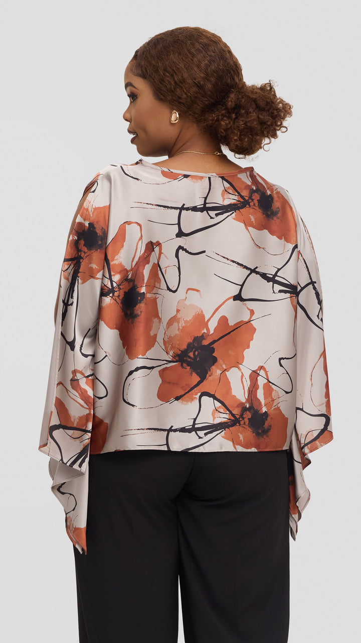 Vivo Wide Top in Satin - Light Grey / Rust Rozi Print