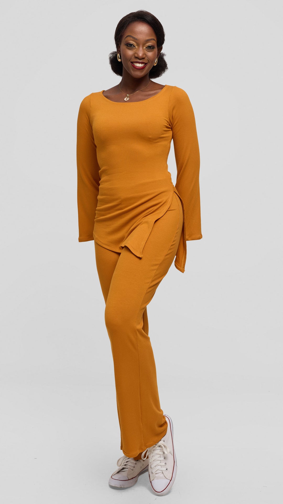 Vivo Studio Bell Sleeve Tunic Top in Rib - Mustard