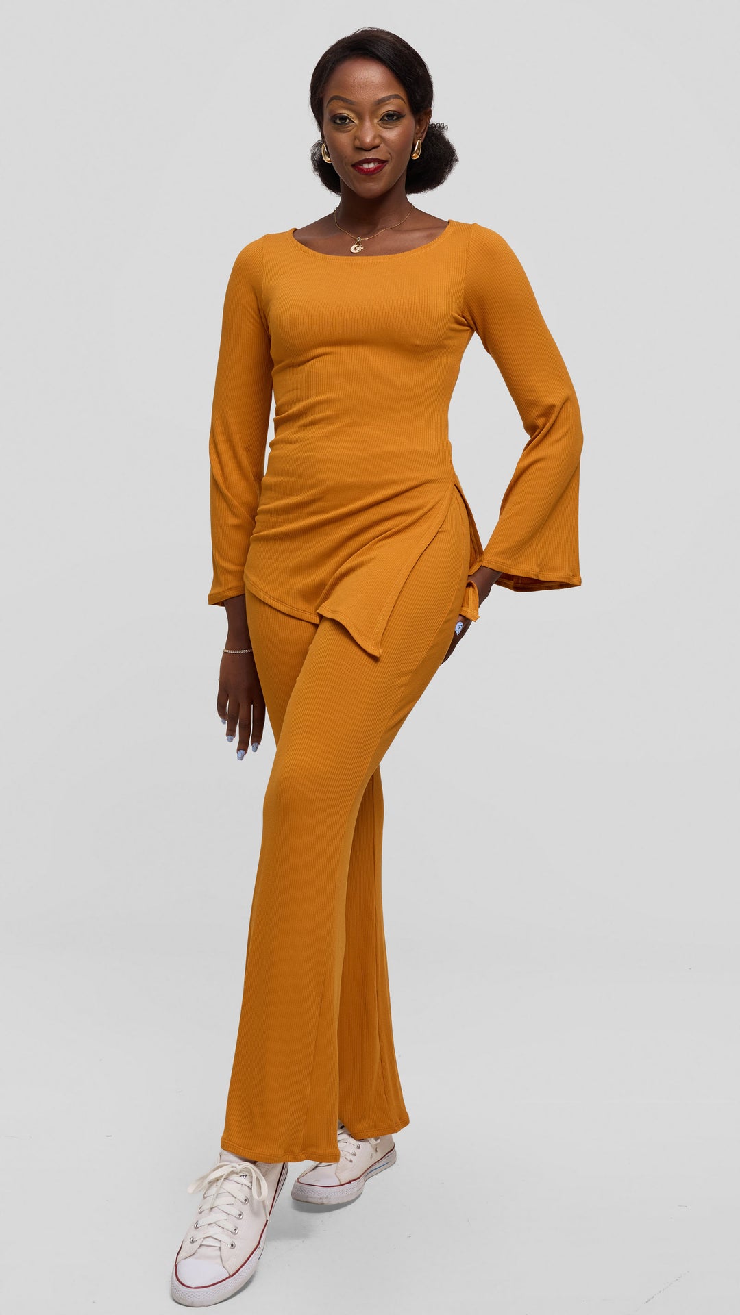 Vivo Studio Bell Sleeve Tunic Top in Rib - Mustard