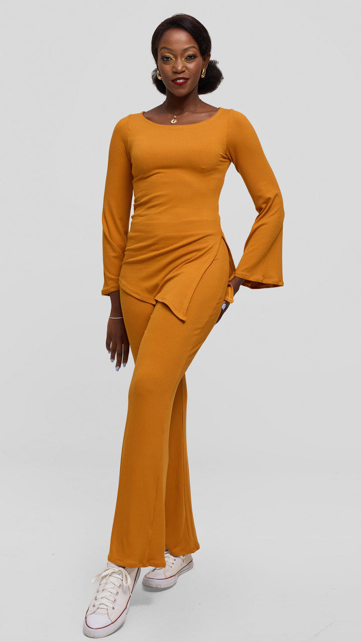 Vivo Studio Bell Sleeve Tunic Top in Rib - Mustard