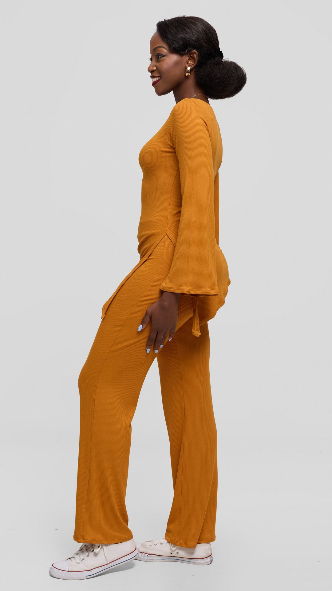 Vivo Studio Bell Sleeve Tunic Top in Rib - Mustard