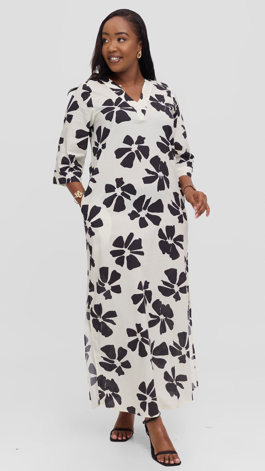 Vivo Lulu 3/4 Sleeve Cotton Maxi Kaftan in Cotton - Cream / Black Print