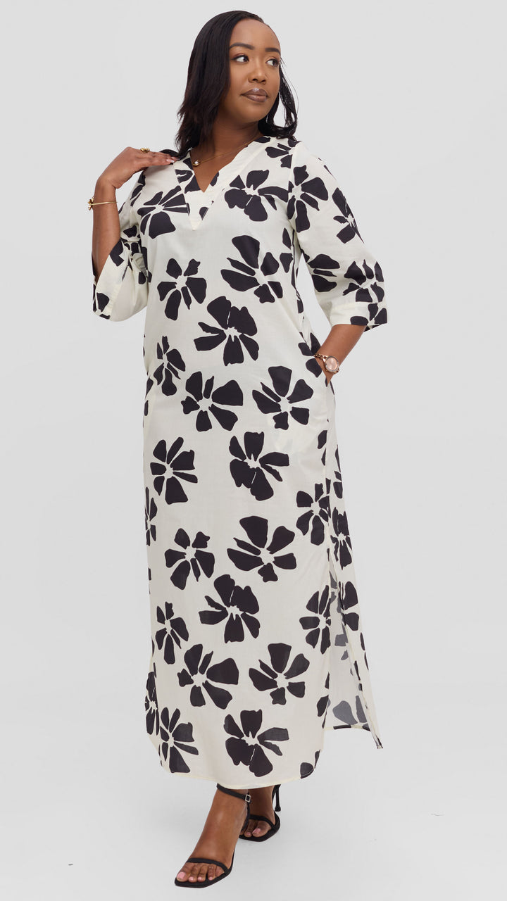 Vivo Lulu 3/4 Sleeve Cotton Maxi Kaftan in Cotton - Cream / Black Print