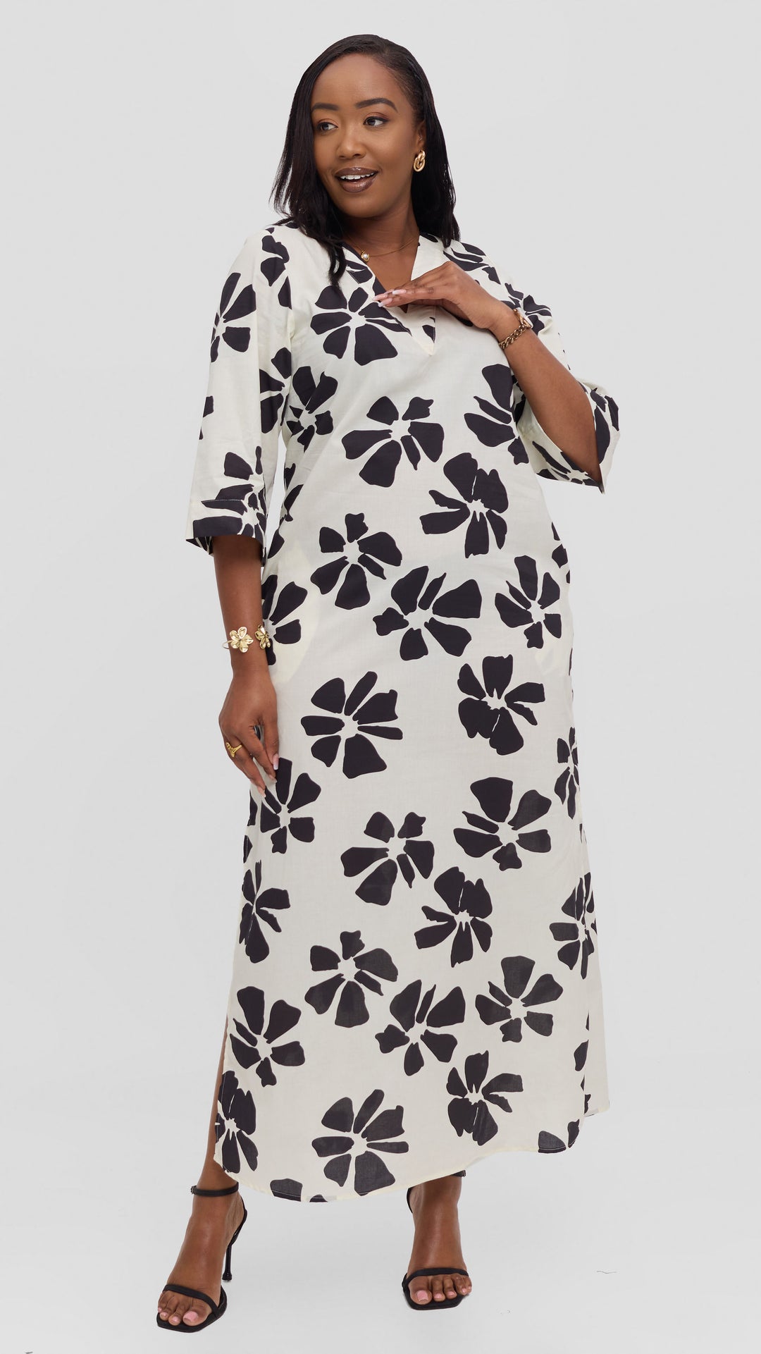 Vivo Lulu 3/4 Sleeve Cotton Maxi Kaftan in Cotton - Cream / Black Print
