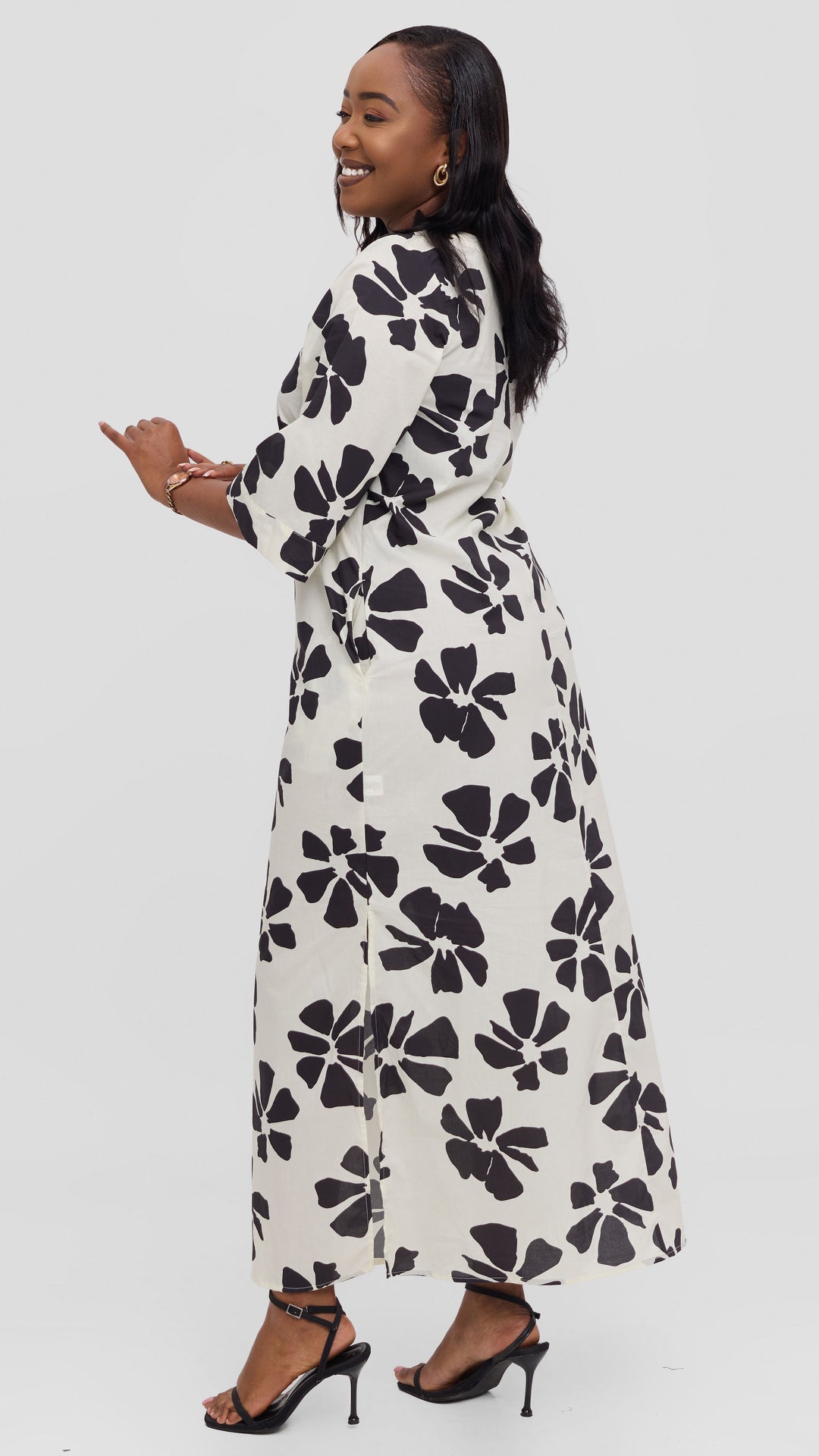Vivo Lulu 3/4 Sleeve Cotton Maxi Kaftan in Cotton - Cream / Black Print