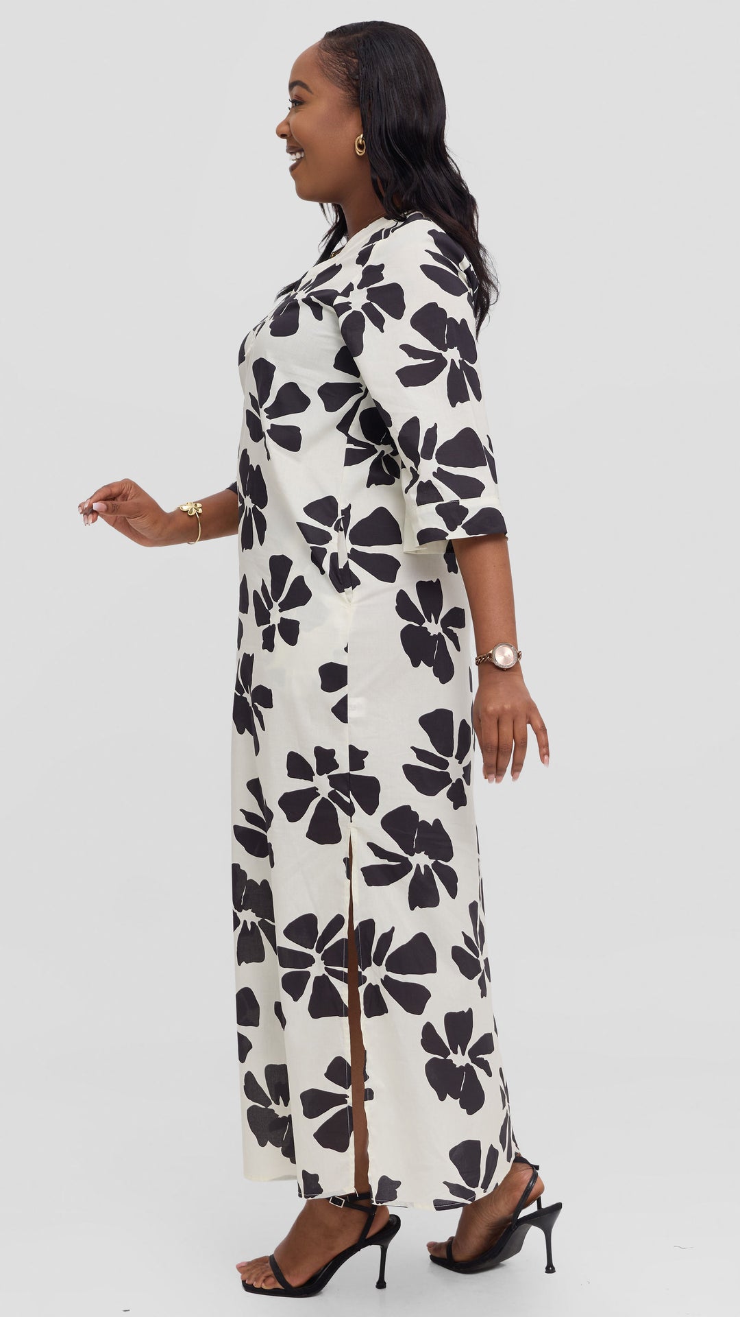Vivo Lulu 3/4 Sleeve Cotton Maxi Kaftan in Cotton - Cream / Black Print
