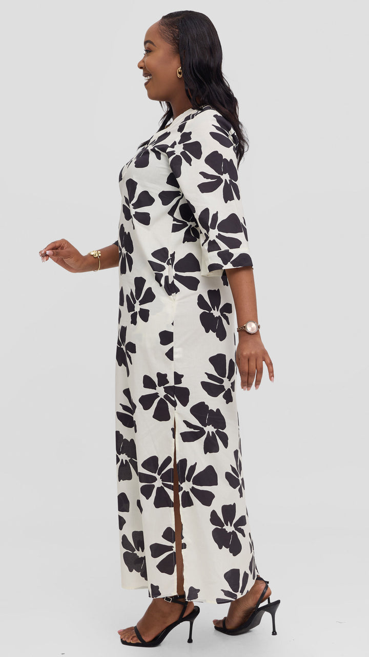 Vivo Lulu 3/4 Sleeve Cotton Maxi Kaftan in Cotton - Cream / Black Print