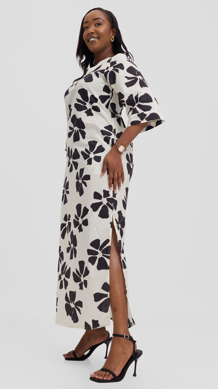 Vivo Lulu 3/4 Sleeve Cotton Maxi Kaftan in Cotton - Cream / Black Print