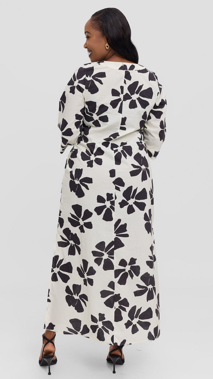 Vivo Lulu 3/4 Sleeve Cotton Maxi Kaftan in Cotton - Cream / Black Print