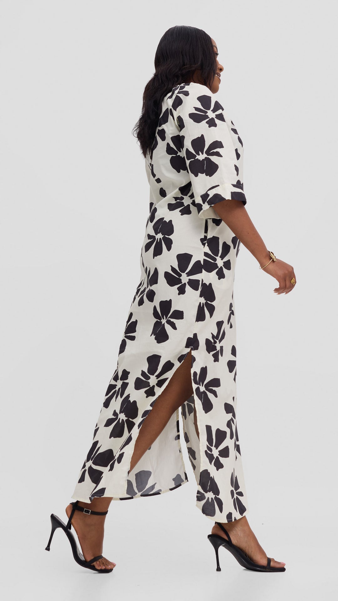 Vivo Lulu 3/4 Sleeve Cotton Maxi Kaftan in Cotton - Cream / Black Print