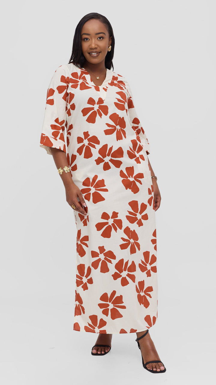 Vivo Lulu 3/4 Sleeve Cotton Maxi Kaftan in Cotton - Cream / Dark Rust Print