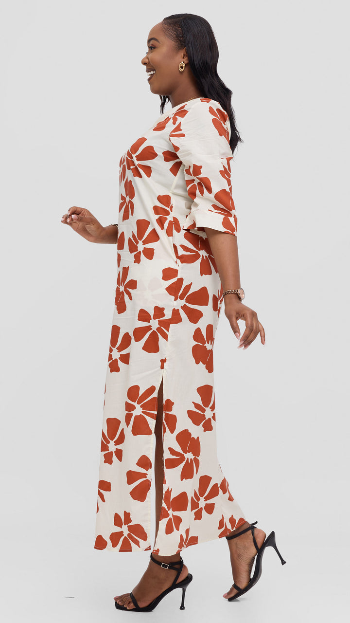 Vivo Lulu 3/4 Sleeve Cotton Maxi Kaftan in Cotton - Cream / Dark Rust Print