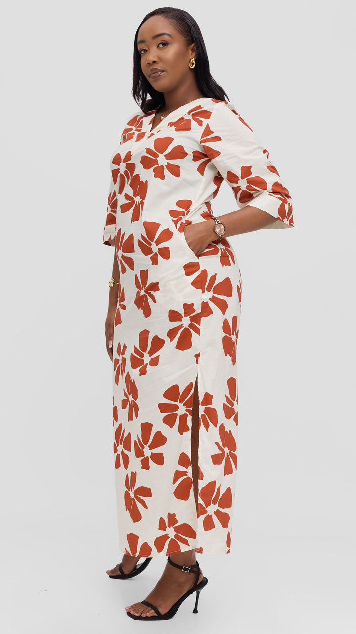 Vivo Lulu 3/4 Sleeve Cotton Maxi Kaftan in Cotton - Cream / Dark Rust Print