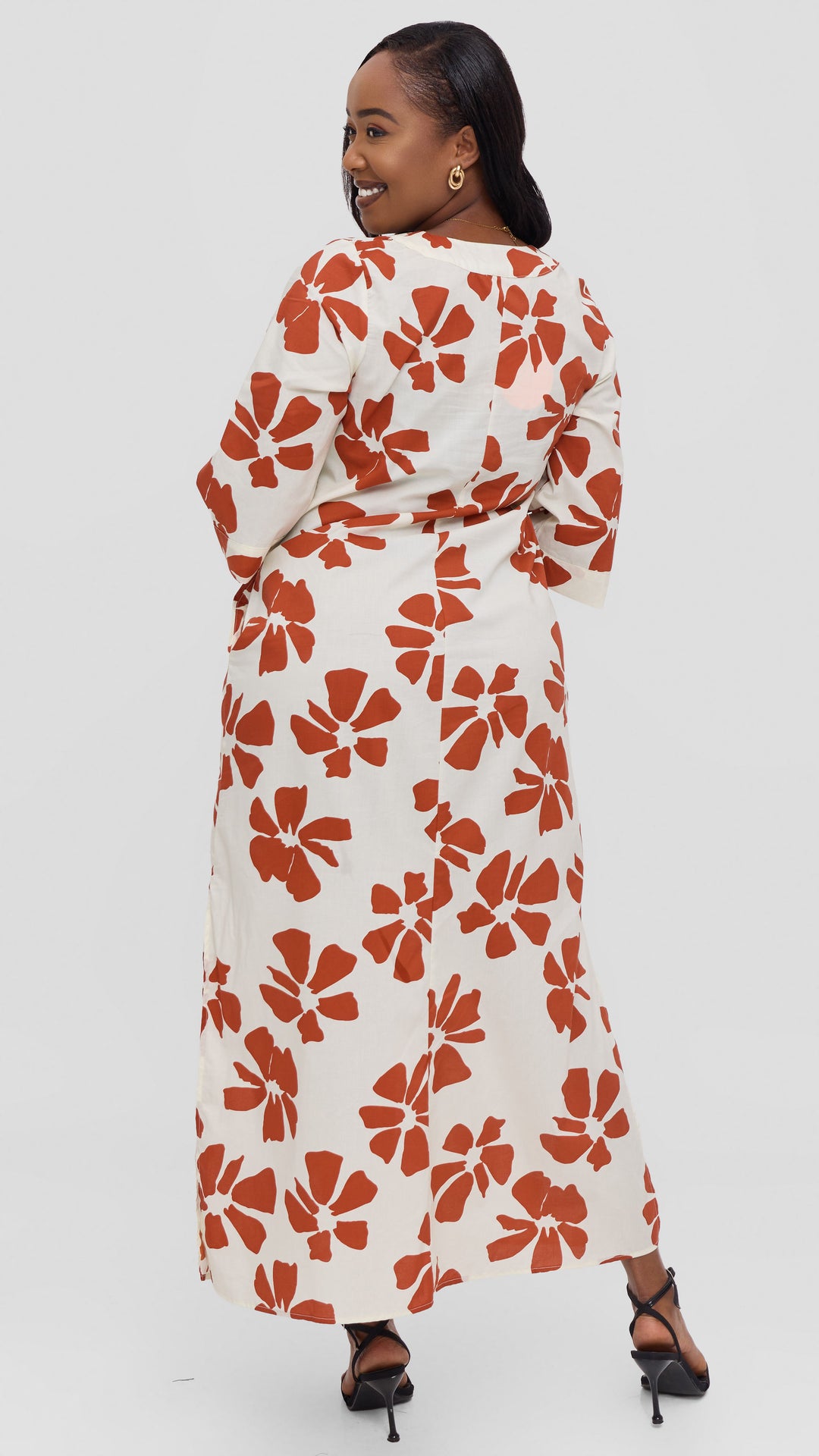 Vivo Lulu 3/4 Sleeve Cotton Maxi Kaftan in Cotton - Cream / Dark Rust Print