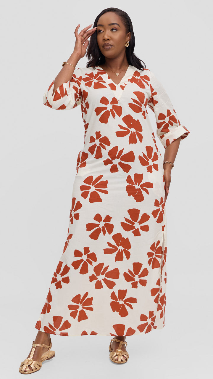 Vivo Lulu 3/4 Sleeve Cotton Maxi Kaftan in Cotton - Cream / Dark Rust Print
