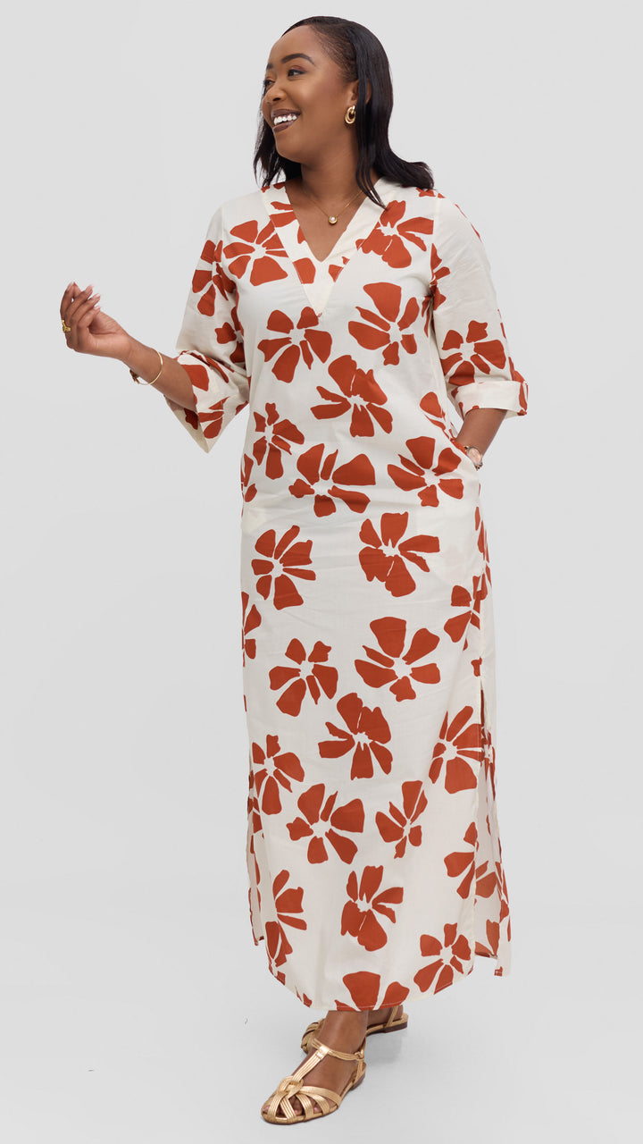 Vivo Lulu 3/4 Sleeve Cotton Maxi Kaftan in Cotton - Cream / Dark Rust Print