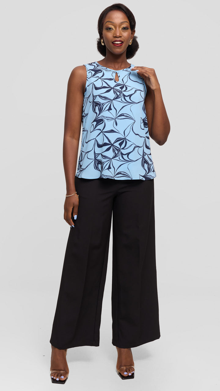 Vivo Sierra Sleeveless Double Layered Top in Chiffon - Light  Blue / Navy Arah Print