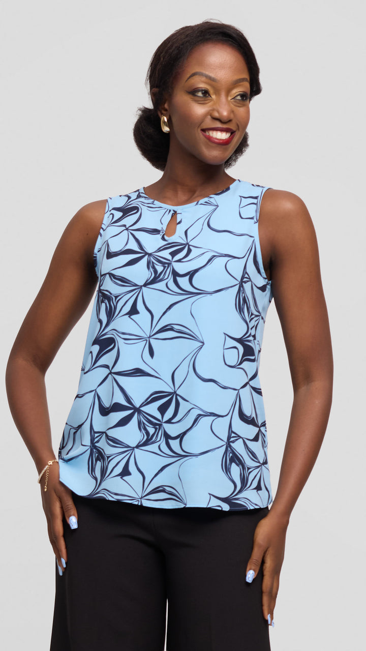 Vivo Sierra Sleeveless Double Layered Top in Chiffon - Light  Blue / Navy Arah Print
