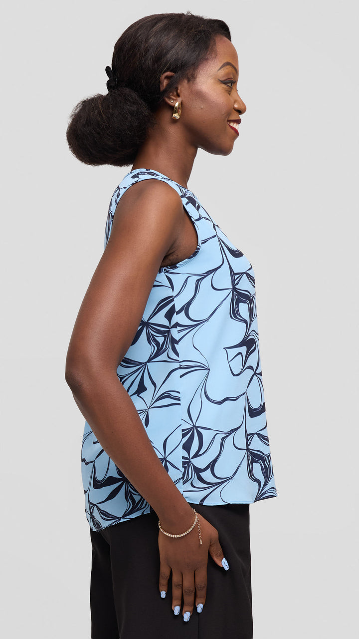 Vivo Sierra Sleeveless Double Layered Top in Chiffon - Light  Blue / Navy Arah Print