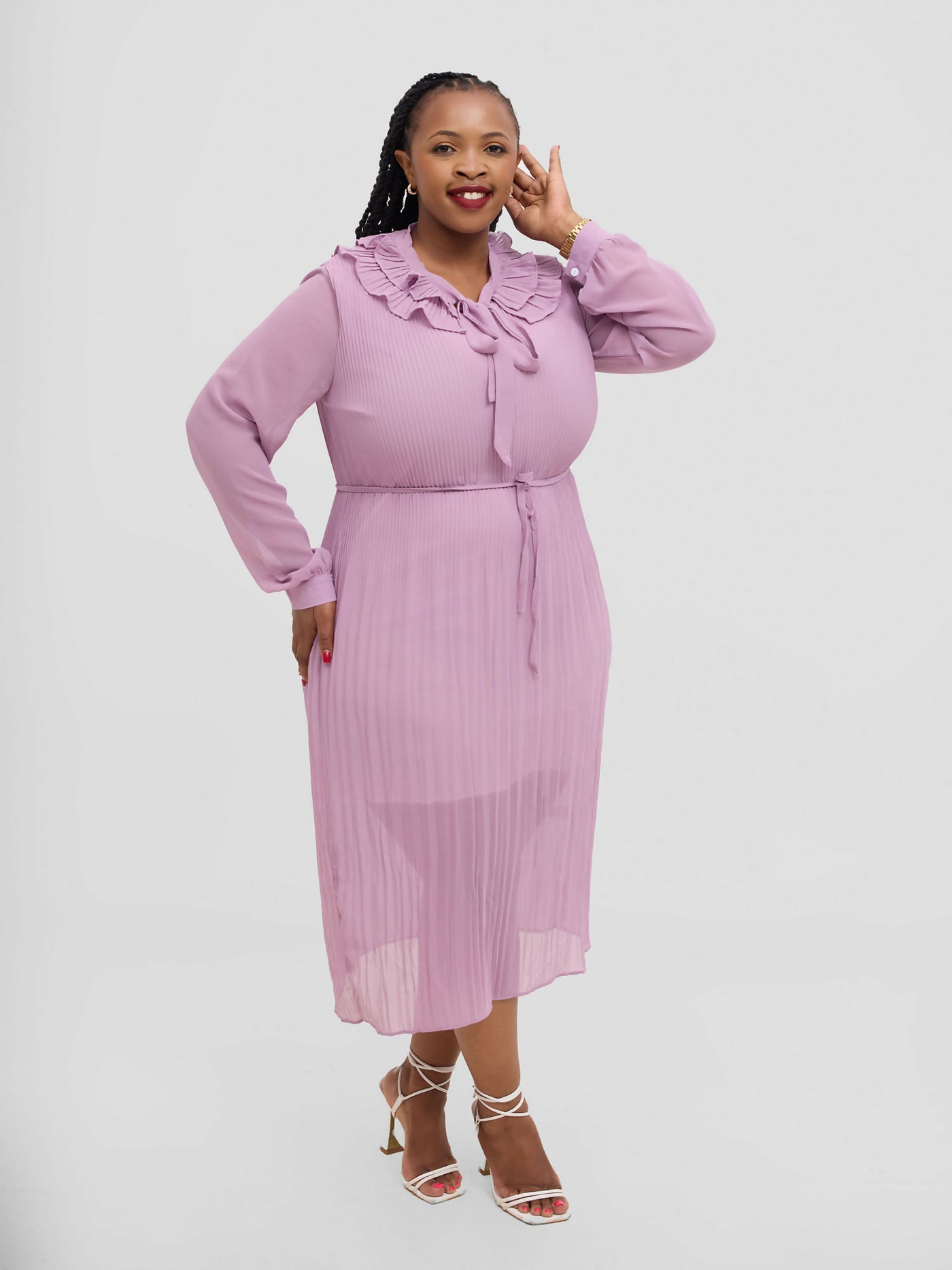Hessed Long Sleeved Ruffless Pleated Round Collar Dress - Pink