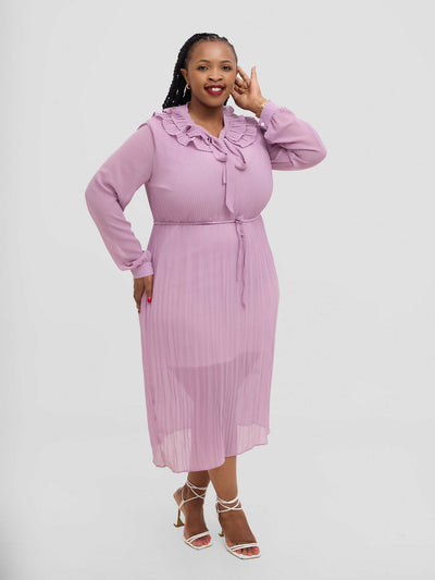 Hessed Long Sleeved Ruffless Pleated Round Collar Dress - Pink
