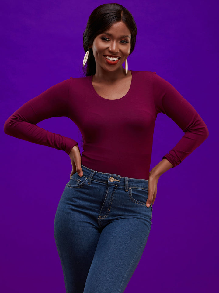 Vivo Basic Long Sleeved Bodysuit in Jersey - Burgundy