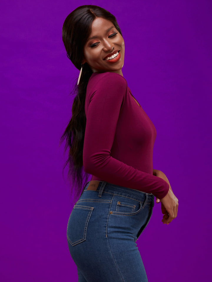 Vivo Basic Long Sleeved Bodysuit in Jersey - Burgundy