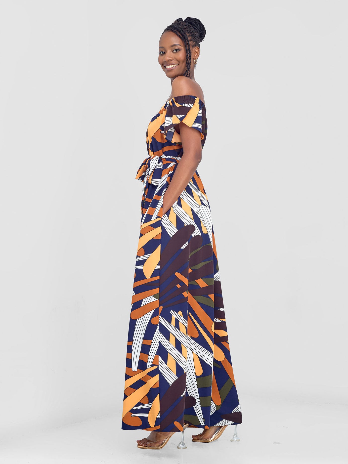 Vivo Dalia Off Shoulder Jumpsuit - Mustard / Navy Abstract Print - Shopzetu