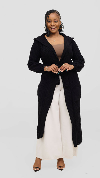 Timyt Urban Wear Curvy Plus Size Friendly Hooded Belted Cardigan Sweater â€“ Black