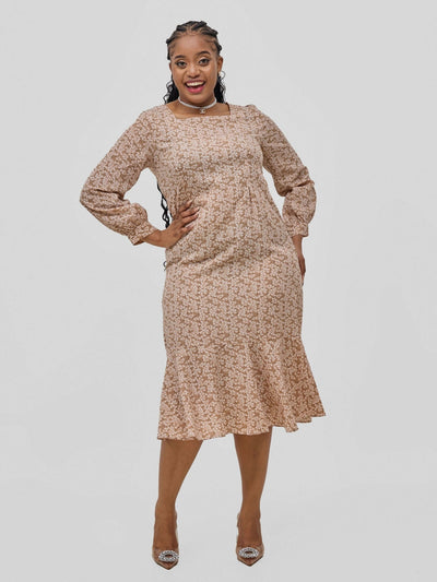 Hessed Square Neck Long Sleeves Floral Print Fit & Flare Dress - Brown - Shopzetu