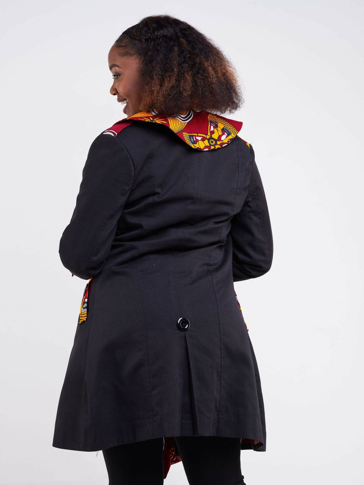 Liliadly Red flower Ankara Print Trench Coat - Black - Shopzetu