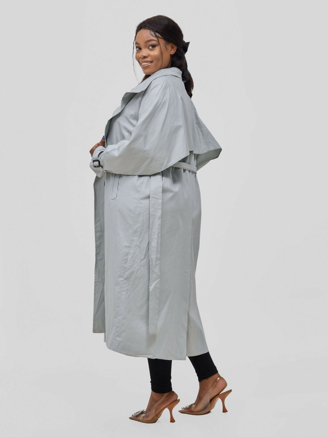 Hessed Double Breasted Buttoned & Belt Trench Coat - Blue - Shopzetu